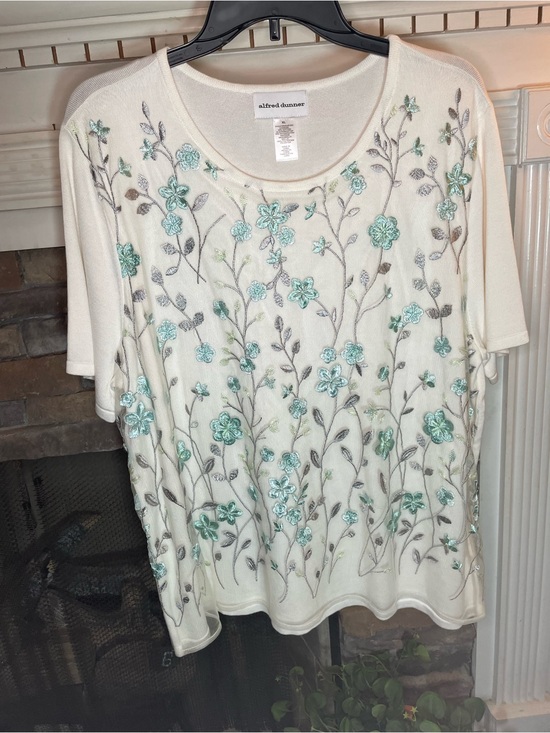 Alfred Dunner Tops - Alfred Dunner Cream Short-Sleeve Floral Embroidered Top with Aqua Accents